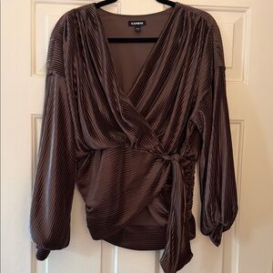 Express Chocolate Brown Pleated Wrap Blouse with Tie